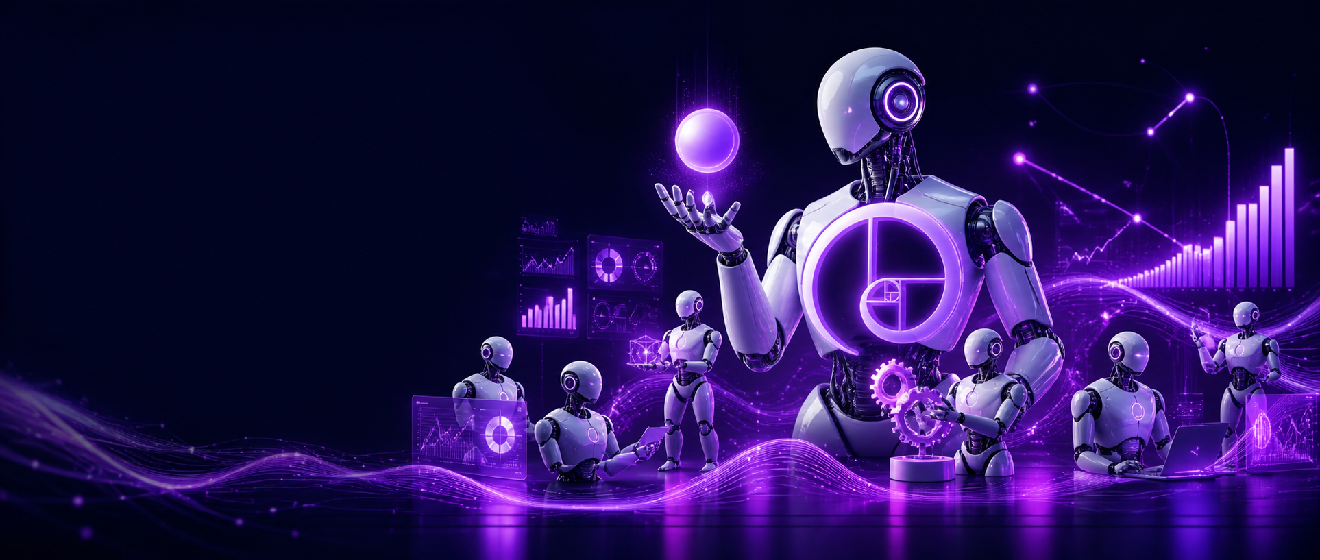 A lead AI employee with a Fibonacci body coordinating a team of supporting robots across business operations
