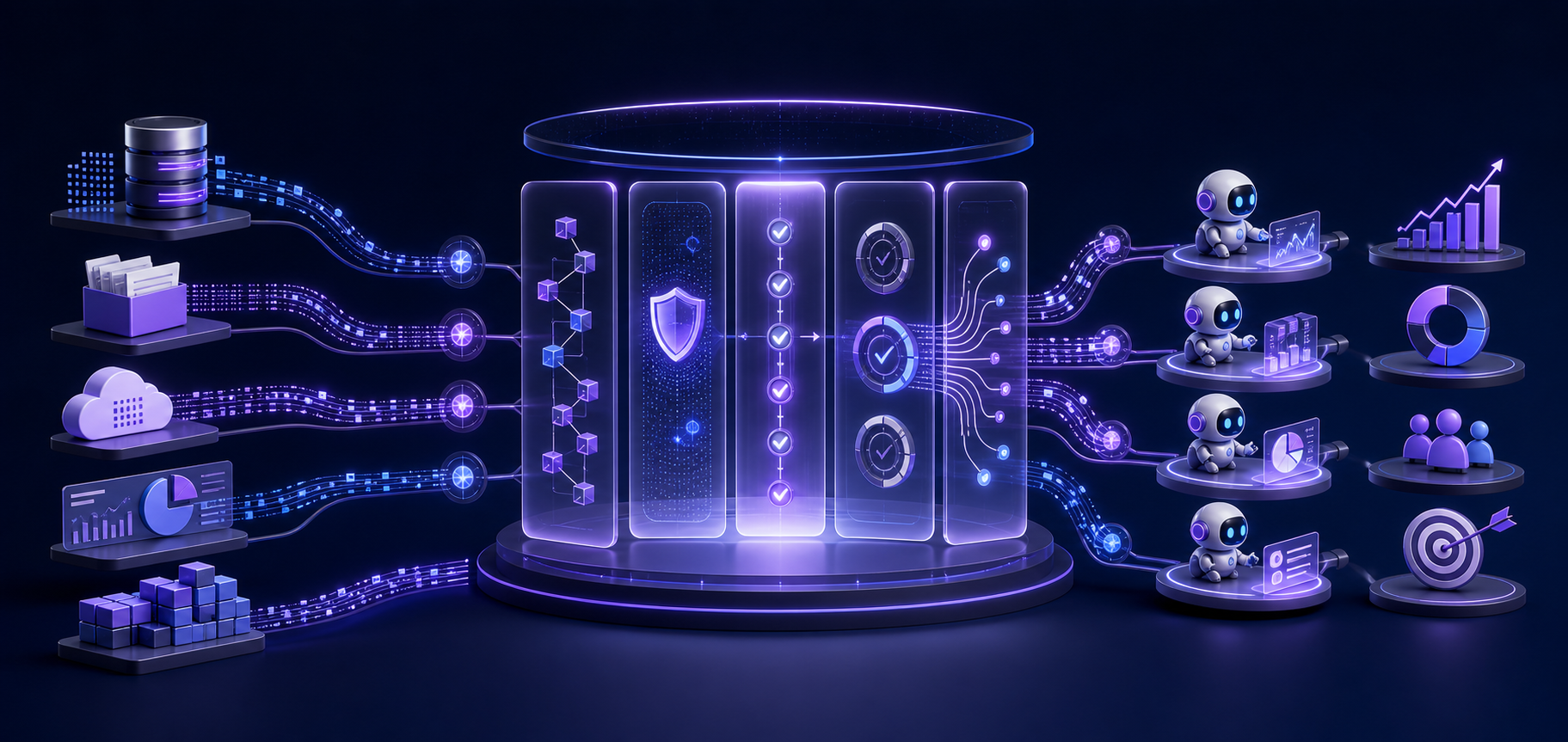 Trusted business data passing through governance controls before reaching AI agents